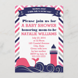 Rosa nautisk baby shower- eller stänkflicka inbjudningar