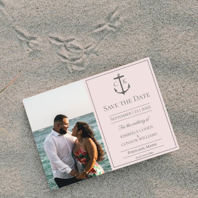 Rosa nautisk monogram fotografera spara datum datumet (Pink Nautical Monogram Photo Save the Date)