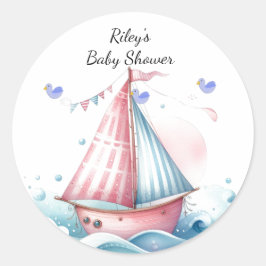 Rosa nautisk segelbåt för baby shower klassisk runt klistermärke