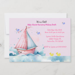 Rosa nautisk segelbåt för flicka baby shower inbju inbjudningar