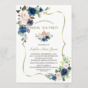 Rosa Navy Blåa blommor Guld Möhippa Tea Party Inbjudningar