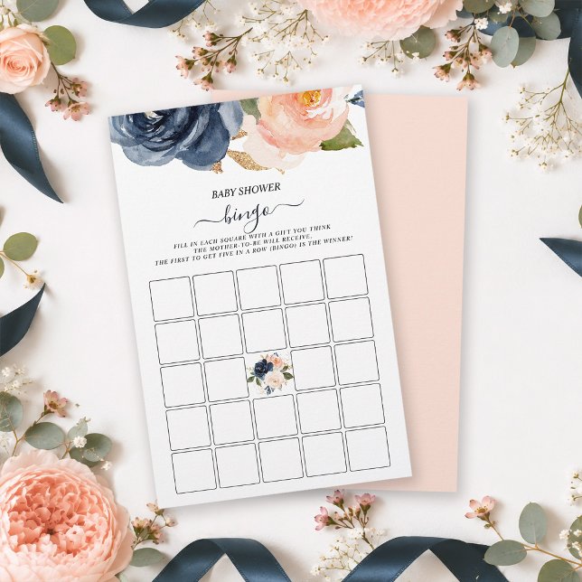 Rosa Navy Blommig Baby Shower Presentöppningsbingo (Keep your guests completely engaged and celebrating in style during gift-opening bingo game card.)