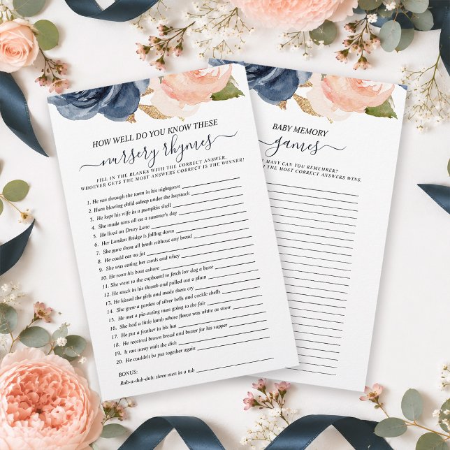 Rosa Navy Blommiga Dubbelsidiga Baby Shower-spel (Keep your guests completely entertained while maintaining a flawless, upscale aesthetic.)