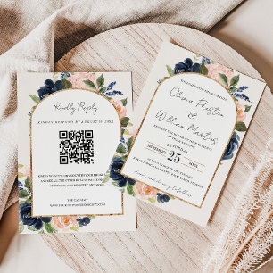  Rosa Navy Blommigt Arch QR Code OSA Bröllop Inbjudningar