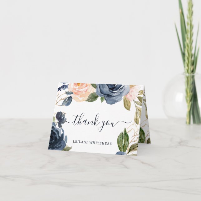 Rosa Navy Blommigt Baby Shower Tack Kort (Framsida)