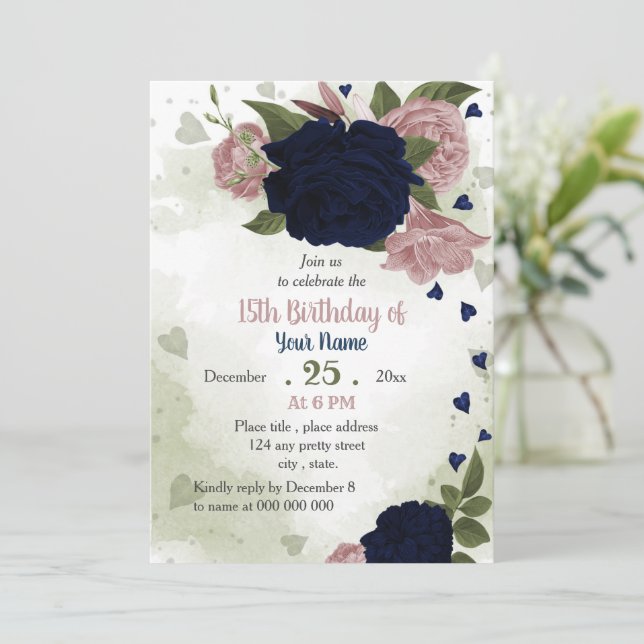 rosa Navy-blommor Greenery födelsedagsfest Inbjudningar (Stående Fram)