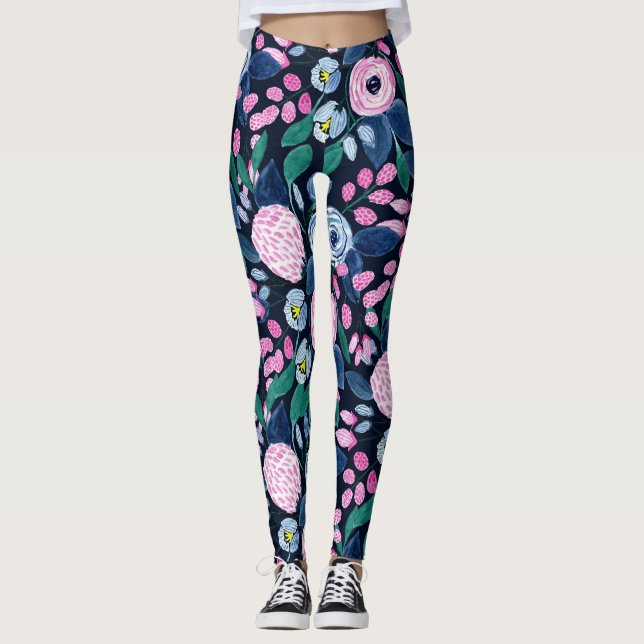 Rosa Navy Blue Blommigt Bouquet Watercolor Mönster Leggings (Framsida)