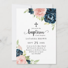  Rosa Navy Blue Blommigt Girl Baptism Inbjudningar