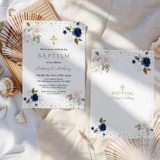 Rosa Navy Blue Blommigt Guld Kor Twillingar Baptis Inbjudningar