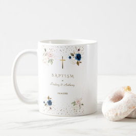 Rosa Navy Blue Blommigt Guld Kor Twillingar Baptis Kaffemugg