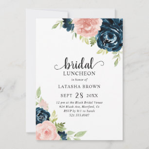 Rosa Navy Blue Blommigt Möhippa Luncheon Inbjudningar