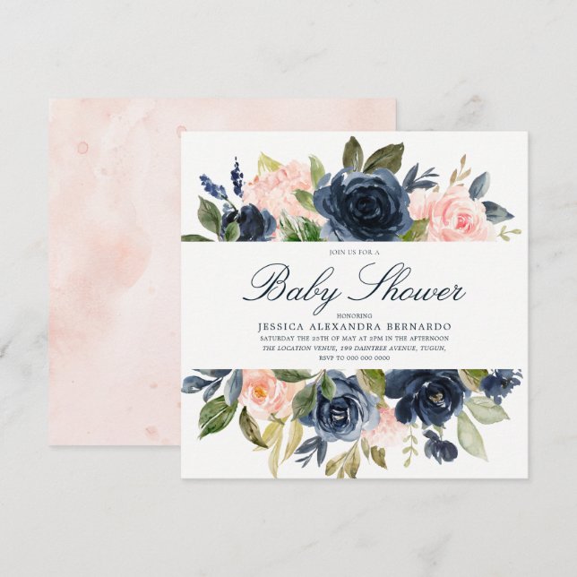 Rosa Navy Blue Boy Girl Gender Neutral Baby Shower Inbjudningar (Fram/baksida)