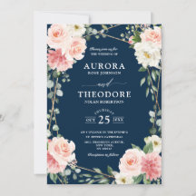  Rosa Navy Blue Geometric Botanical Bröllop