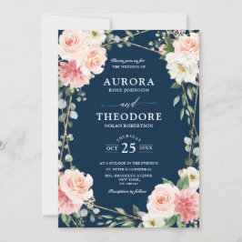Rosa Navy Blue Geometric Botanical Bröllop Inbjudningar