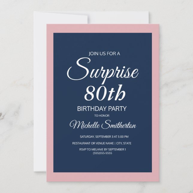 Rosa Navy Blue Surprise 80:e födelsedagsinbjudan Inbjudningar (Framsida)