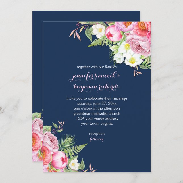 Rosa Navy Blue Watercolor Flowers Bröllop Inbjudningar (Fram/baksida)