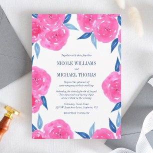 Rosa Navy Blue Watercolor Flowers Bröllop Inbjudningar