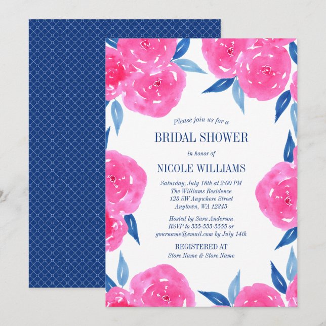 Rosa Navy Blue Watercolor Flowers Möhippa Inbjudningar (Fram/baksida)