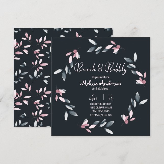 Rosa Navy Elegant Mjuk Akvarell Blommig Bröllop Inbjudningar (Fram/baksida)