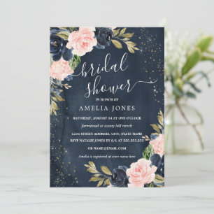 Rosa Navy Floral Gnistrande Bröllopsdusch Inbjudningar