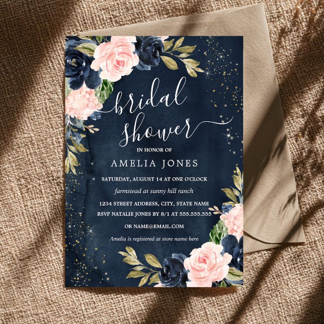 Rosa Navy Floral Gnistrande Bröllopsdusch Inbjudningar (Skapare uppladdad)