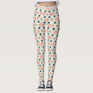 Rosa Navy Folklig Botanisk Geometrisk Mönster Leggings
