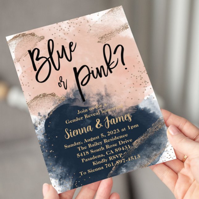 Rosa & Navy Gender Reveal, Watercolor, Guld Inbjudningar (Skapare uppladdad)