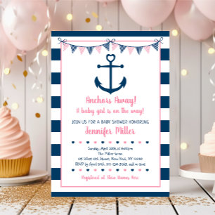 Rosa Navy Girl Nautical Anchor Baby Shower Inbjudningar