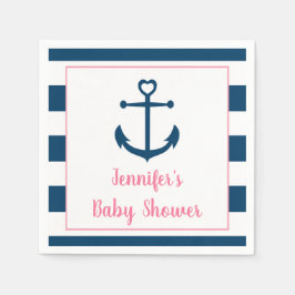 Rosa Navy Girl Nautical Anchor Baby Shower Pappersservett