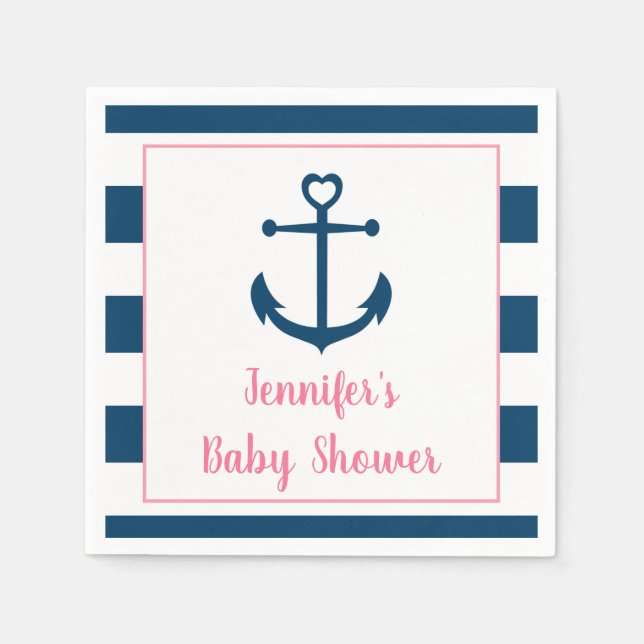 Rosa Navy Girl Nautical Anchor Baby Shower Pappersservett (Framsidan)