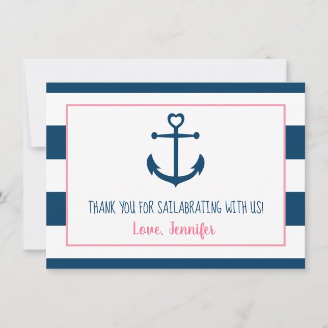Rosa Navy Girl Nautical Anchor Baby Shower Tack Kort (Framsida)
