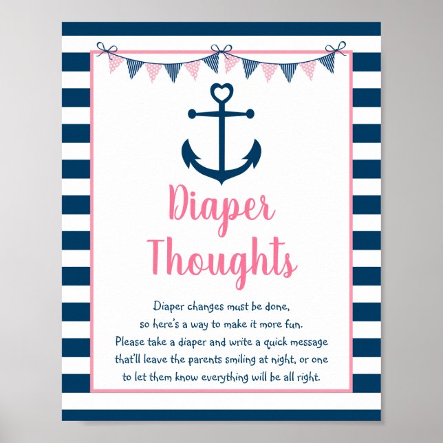 Rosa Navy Girl Nautical Anchor Diaper Thoughts Poster (Framsidan)