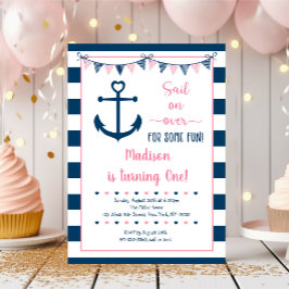 Rosa Navy Girl Nautical Anchor First Birthday Inbjudningar