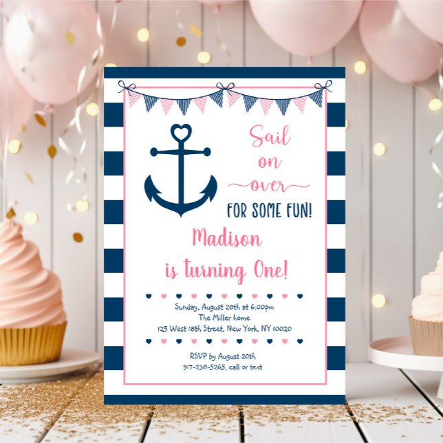 Rosa Navy Girl Nautical Anchor First Birthday Inbjudningar (Skapare uppladdad)