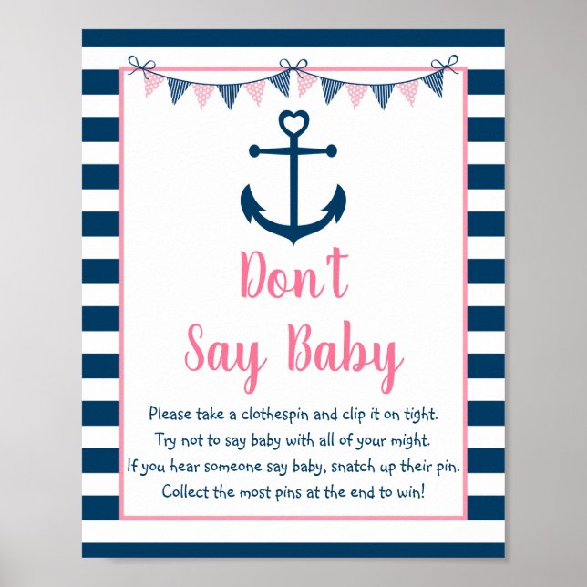 Rosa Navy Girl Nautical Anchor Säg inte Baby Game Poster (Framsidan)