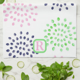 Rosa Navy Grönt Flower Mönster Watercolor Monogram Kökshandduk