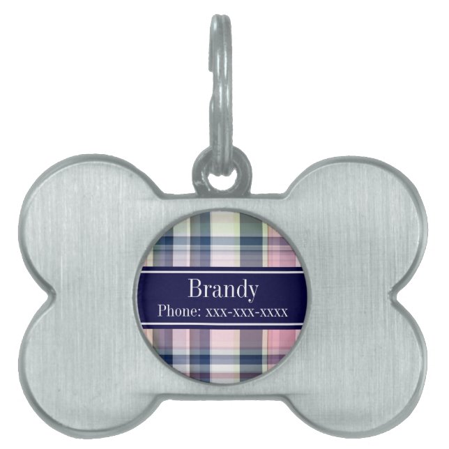 Rosa Navy Grönt White Preppy Madras N Monogram Namnbricka Husdjur (Framsidan)