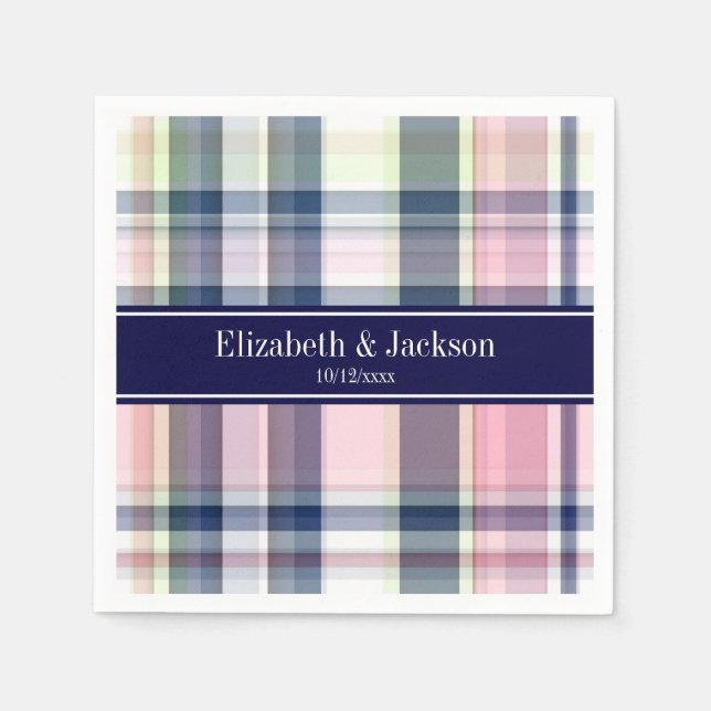 Rosa Navy Grönt White Preppy Madras N Monogram Pappersservett (Framsidan)