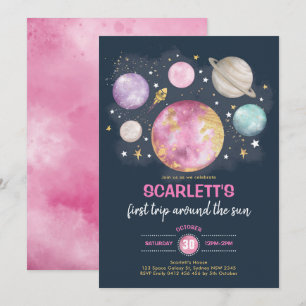 Rosa Navy Guld Rymden Galaxy Girl Birthday Inbjudningar