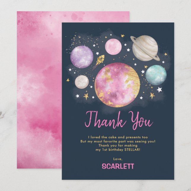 Rosa Navy Guld Rymden Galaxy Girl Birthday Tack Kort (Fram/baksida)