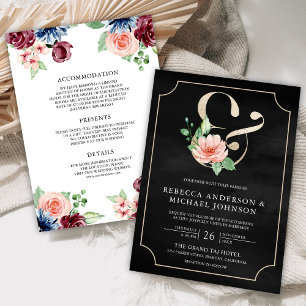 Rosa Navy Svart Burgunder Blommig Ampersand Bröllo Inbjudningar