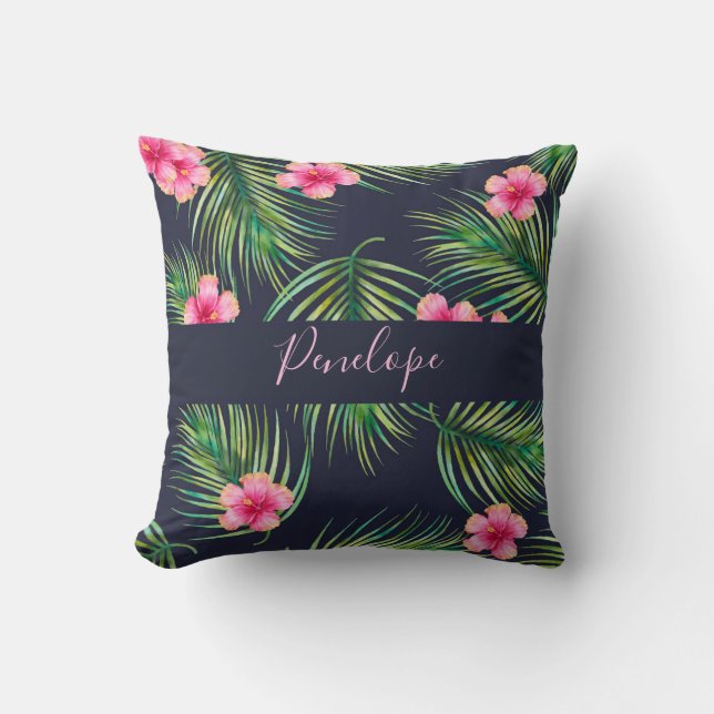Rosa Navy Tropical Fern Monogram Dekorativ kudde (Framsida)