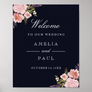 Rosa Navy Watercolor Peonies Welcome Bröllop Sign Poster