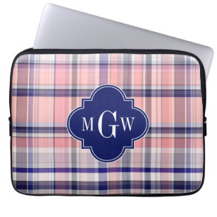 Rosa Navy White Preppy Madras Quatrefoil Monogram Laptop Sleeve