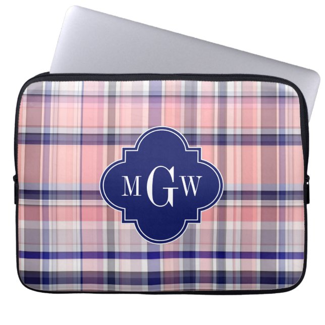 Rosa Navy White Preppy Madras Quatrefoil Monogram Laptop Sleeve (Framsidan)