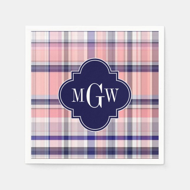Rosa Navy White Preppy Madras Quatrefoil Monogram Pappersservett (Framsidan)
