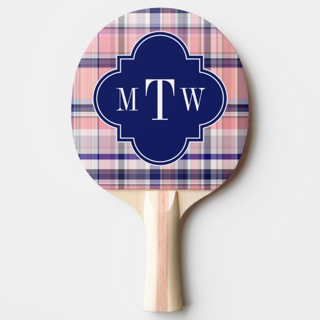 Rosa Navy White Preppy Madras Quatrefoil Monogram Pingisracket (Framsidan)