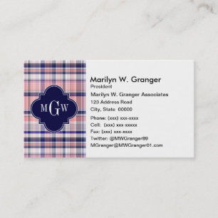 Rosa Navy White Preppy Madras Quatrefoil Monogram Visitkort