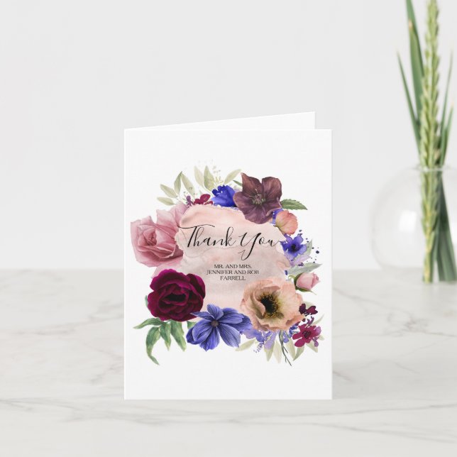 Rosa Navyblå Burgunderfärgade Blommiga Tacksamhets Tack Kort (Framsida)