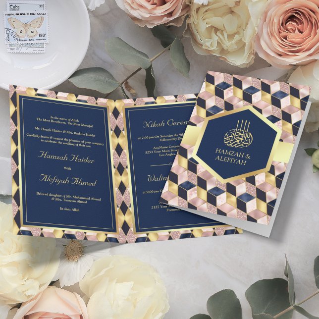 Rosa Navyblå Geometrisk Muslimsk Bröllop Inbjudan (Skapare uppladdad)
